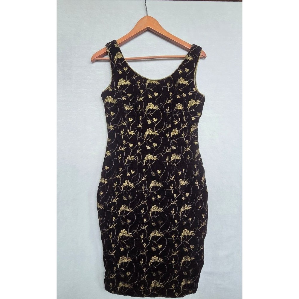 Vtg 90s Carmen Marc Valvo Velvet Gold Embroidered Dress 8 Whimsigoth Cocktail